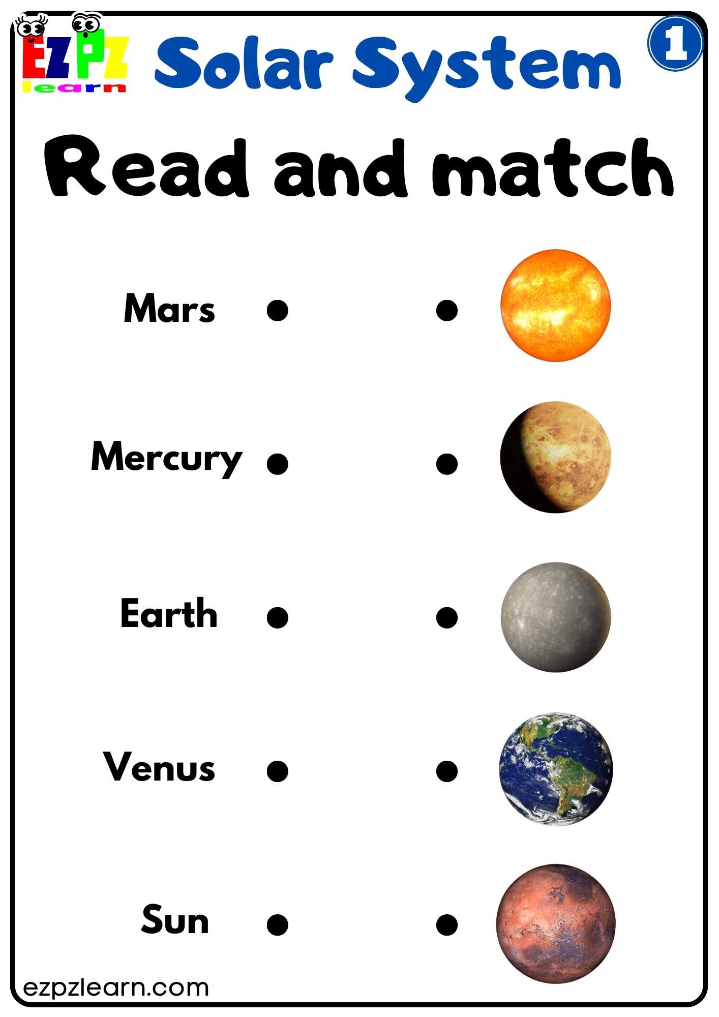 Solar System Read And Match Worksheet 1 For Kids - Ezpzlearn.com